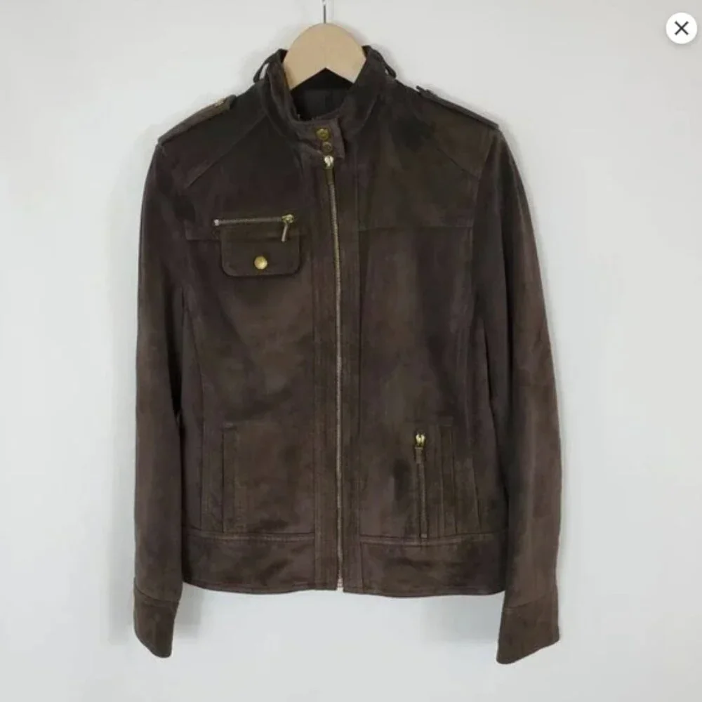 EUC! Anne Klein Suede Vintage Inspired Moto / Miliatry Style Leather Jacket, M - Picture 1 of 2